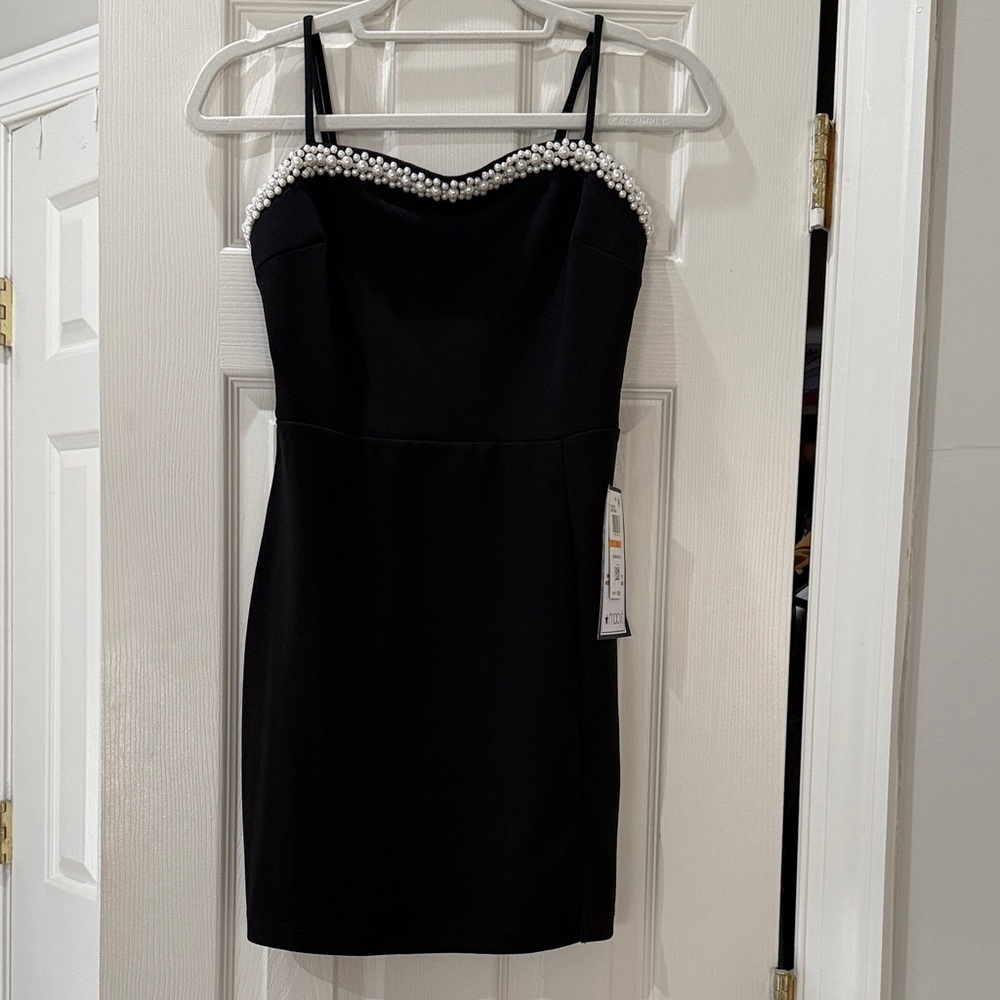 B Darlin Black Pearl-Embellished Mini Dress